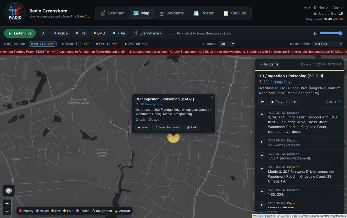The map with an overdose call open: its summary, and each call with what was said