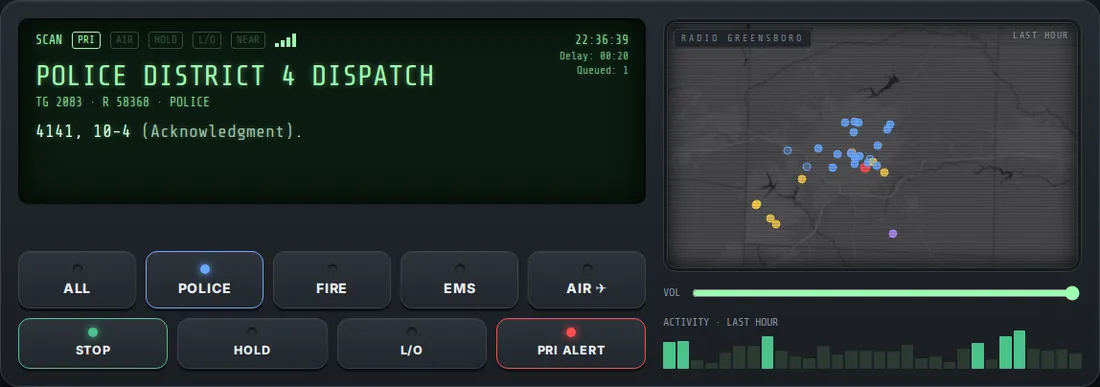 The scanner display showing Police District 4 Dispatch and what was said, with Delay and Queued